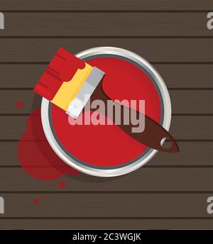 Brush on paint cans top view. Stock Vector