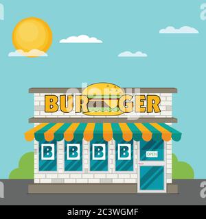 Facade of burger shop flat vector. Stock Vector