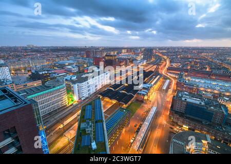 The Hague, Netherlands cityscape overlooking Den Haag HS railway station at twilight. Stock Photo