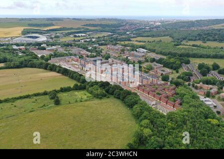 Drone, aerial view of Sussex University Stock Photo