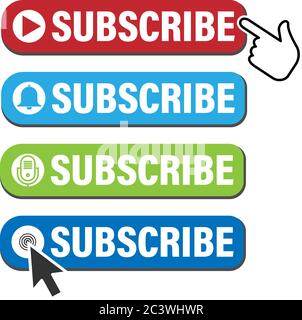 subscribe button icon set for social media, podcast, video channel, blog, newsletter with mouse pointer and hand icon vector illustration Stock Vector