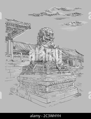 Big bronze lion in forbidden city in Beijing, landmark of China. Monochrome hand drawn vector sketch illustration isolated on gray background. China t Stock Vector