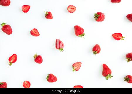 Fresh strawberry pattern on white background. Flat lay. Top view. Summer sweet berries Stock Photo