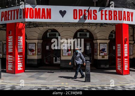 London, UK. 22nd June, 2020. Bad timinfg as Pretty woman (Piccadilly) only opened in February 2020 - In theatreland all the theatres remain shut with no prospect of re-opening in a finacially viable way, despite the easing of Coronavirus (COVID-19) lockdown. Credit: Guy Bell/Alamy Live News Stock Photo