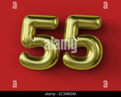 Golden balloon in shape of number 55  isolated. 3d illustration. Stock Photo