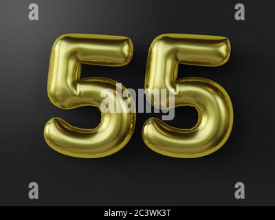 Golden balloon in shape of number 55  isolated. 3d illustration. Stock Photo