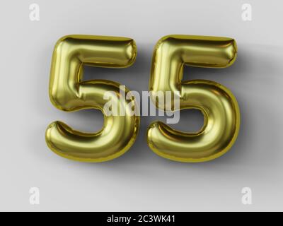Golden balloon in shape of number 55  isolated. 3d illustration. Stock Photo