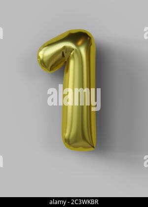 Golden balloon in shape of number 1  isolated. 3d illustration. Stock Photo