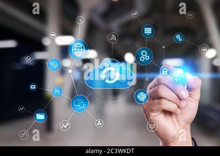 Cloud technology concept on virtual screen. Data storage and computing Stock Photo