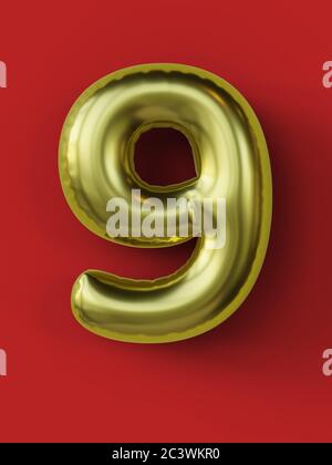 Golden balloon in shape of number 9  isolated. 3d illustration. Stock Photo