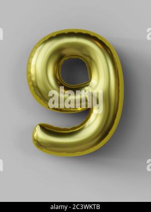 Golden balloon in shape of number 9  isolated. 3d illustration. Stock Photo