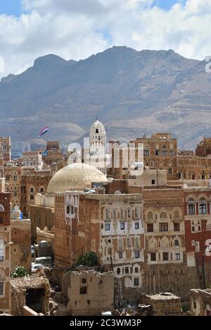 View on the old Sanaa. The old city of Sanaa is declared a UNESCO World heritage site now destroed due to civil war Stock Photo