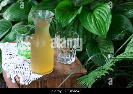 Rhubarb compote in a transparent jug and glasses on a wooden chair in the garden. Stock Photo
