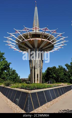 The Prayer Tower on the campus of Oral Roberts University in Tulsa, Oklahoma, was designed by architect Frank Wallace and opened in 1967. Stock Photo