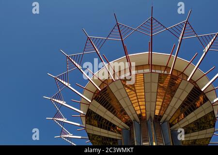 The Prayer Tower on the campus of Oral Roberts University in Tulsa, Oklahoma, was designed by architect Frank Wallace and opened in 1967. Stock Photo