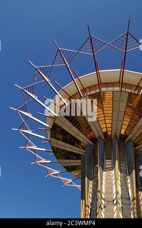 The Prayer Tower on the campus of Oral Roberts University in Tulsa, Oklahoma, was designed by architect Frank Wallace and opened in 1967. Stock Photo