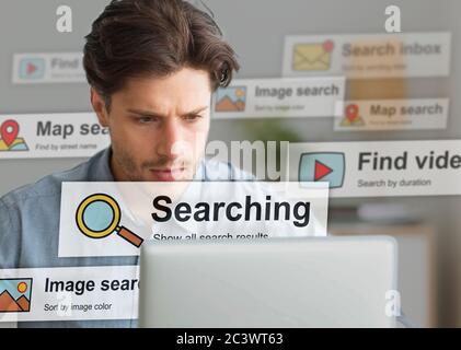 Businessman At Laptop Browsing Searching Information In Modern Office, Collage Stock Photo