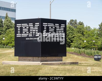 Toronto Canada, June 17, 2020; The IBM logo cornerstpne at IBM Canada head office on Steeles Avenue seen from two sides Stock Photo