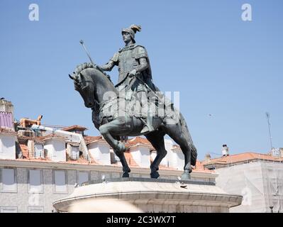 Bronze equestrian statue representing King John I.  in Lisbon, Portugal. Stock Photo