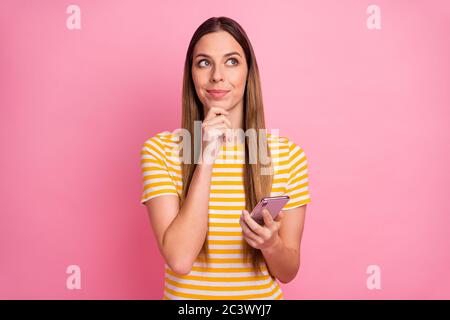 Close-up portrait of her she nice attractive lovely pretty dreamy curious cheery girl using digital 5g comment feedback share creating idea isolated Stock Photo