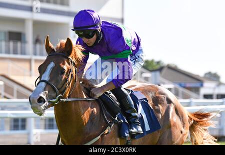 Cairn Gorm ridden by jockey Tom Marquand wins the Free Tips Daily On attheraces.com Median Auction Maiden Stakes at Windsor Racecourse. Stock Photo