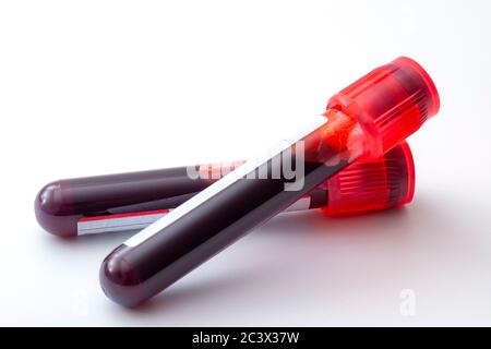 Phlebotomy, biochemical analysis, laboratory exam and blood testing concept theme with two test tubes isolated on white background Stock Photo