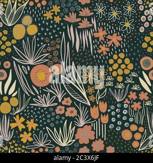 Autumn Flower field fall colors seamless pattern. Repeating liberty doodle flower meadow on a dark background. Repeating Scandinavian style line art Stock Photo