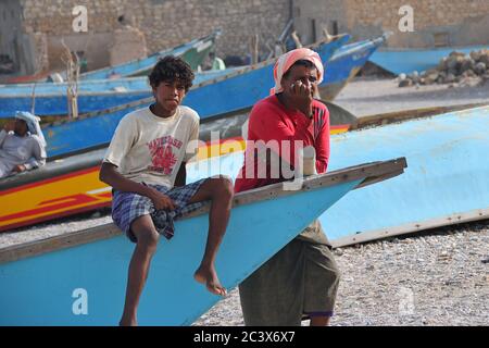 Qalansiyah,Yemen - March 10, 2010: Unidentified fishermen shown on Socotra island in Qalansiyah Stock Photo