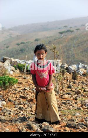 YEMEN, SOCOTRA - MAR 8, 2010: Unidentified young girl shown at Socotra island. Children grow up in the poorest country with little opportunity for edu Stock Photo