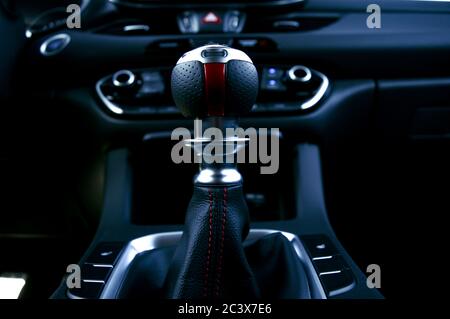 Leather shift selector for a luxury vehicle. Stock Photo