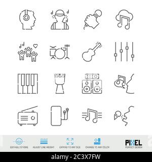 Vector line icon set. Music related linear icons. Musical symbols, pictograms, signs. Pixel perfect design. Editable stroke. Adjust line weight. Expan Stock Vector