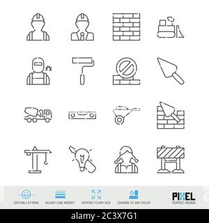 Vector line icon set. Construction and repair related linear icons. Building symbols, pictograms, signs. Pixel perfect design. Editable stroke. Adjust Stock Vector