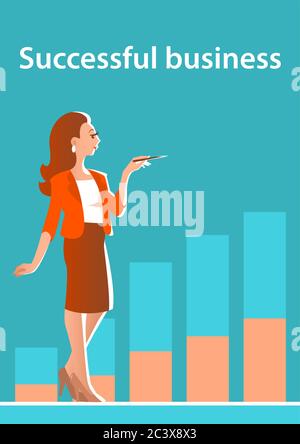 Beautiful business woman stands on the background of a graph of financial growth. Stock Vector