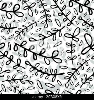 Abstract wild meadow grass seamless vector pattern background. Doodle botanical foliage black and white backdrop. Simple duotone folk country style Stock Vector