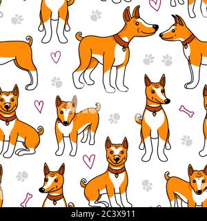 Vector dogs hand drawn illustration. Basenji puppy cartoon style. Seamless pattern isolated on white background. Stock Vector