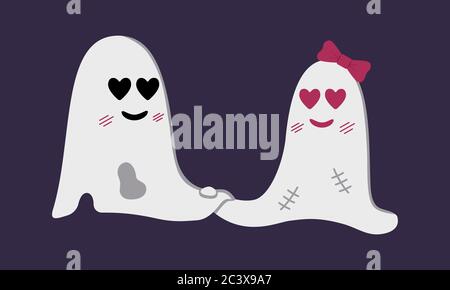 Cute funny ghosts isolated on dark purple background. Halloween characters in love, holding hands and smiling, heart shape eyes. Blank white sheet with holes. Element for poster, banner Stock Vector