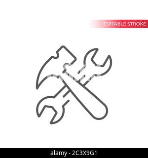 Wrench or spanner and hammer crossed line icon. Under construction outline symbol, editable stroke. Stock Vector