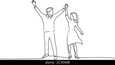 Continuous One line drawing. Happy couple standing and holding hands up together. Vector illustration Stock Vector