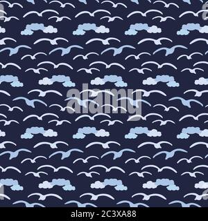 Cute seagull in the dark blue clouds silhouette cartoon seamless vector pattern. Hand drawn ocean life tile. All over print for birdwatching blog Stock Vector