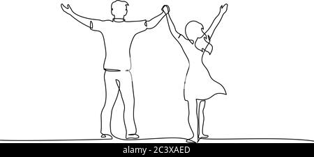 Continuous One line drawing. Happy couple standing and holding hands up together. Vector illustration Stock Vector
