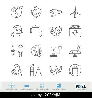 Vector line icon set. Ecology related linear icons. Eco symbols, pictograms, signs. Pixel perfect design. Editable stroke. Adjust line weight. Expand Stock Vector