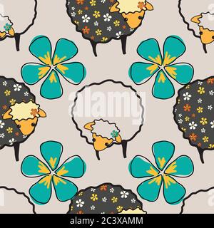 fancy black and white sheep and flowers dark sheep on white background, seamless vector patternsurface design Stock Vector