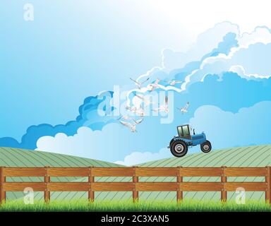 Picturesque rural scene with tractor working on a farm with seagulls flying close to the vehicle and cloudy blue sky above Stock Photo