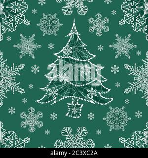 Vector green monochrome sparkling christmas tree and snowflakes seamless pattern. Suitable for textile, gift wrap and wallpaper. Stock Vector