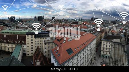 Panoramic view at european city with wifi connection lines points, 5g technology Stock Photo