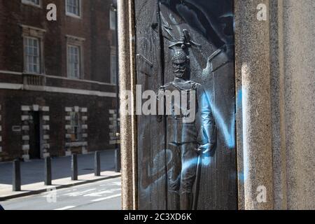 Equestrian statue of the Duke of Cambridge in Whitehall with a slogan BLM. Clean up of historical statues after fourth consecutive week of Black Lives Matter protests in London. Stock Photo