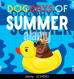 Dog days of Summer Time for adventure. Cute comic cartoon. Colorful humor retro style. Canine in sunglasses enjoy beach leisure relax. Summertime vaca Stock Vector