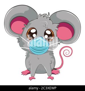 Cartoon kawaii anime grey mouse or rat in face mask design. Stock Vector