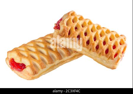 Two puffs with red cherry jam isolate on white background Stock Photo