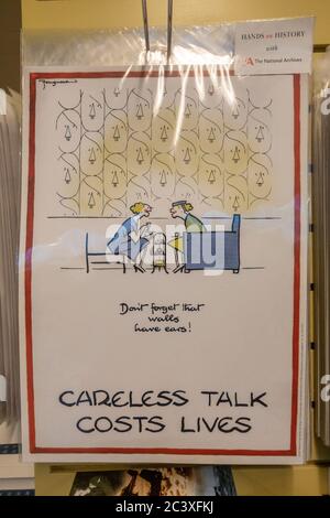 'Careless Talk Costs Lives -Dont forget that walls have ears' poster on sale in the museum shop, Bletchley Park, Buckinghamshire, UK. Stock Photo